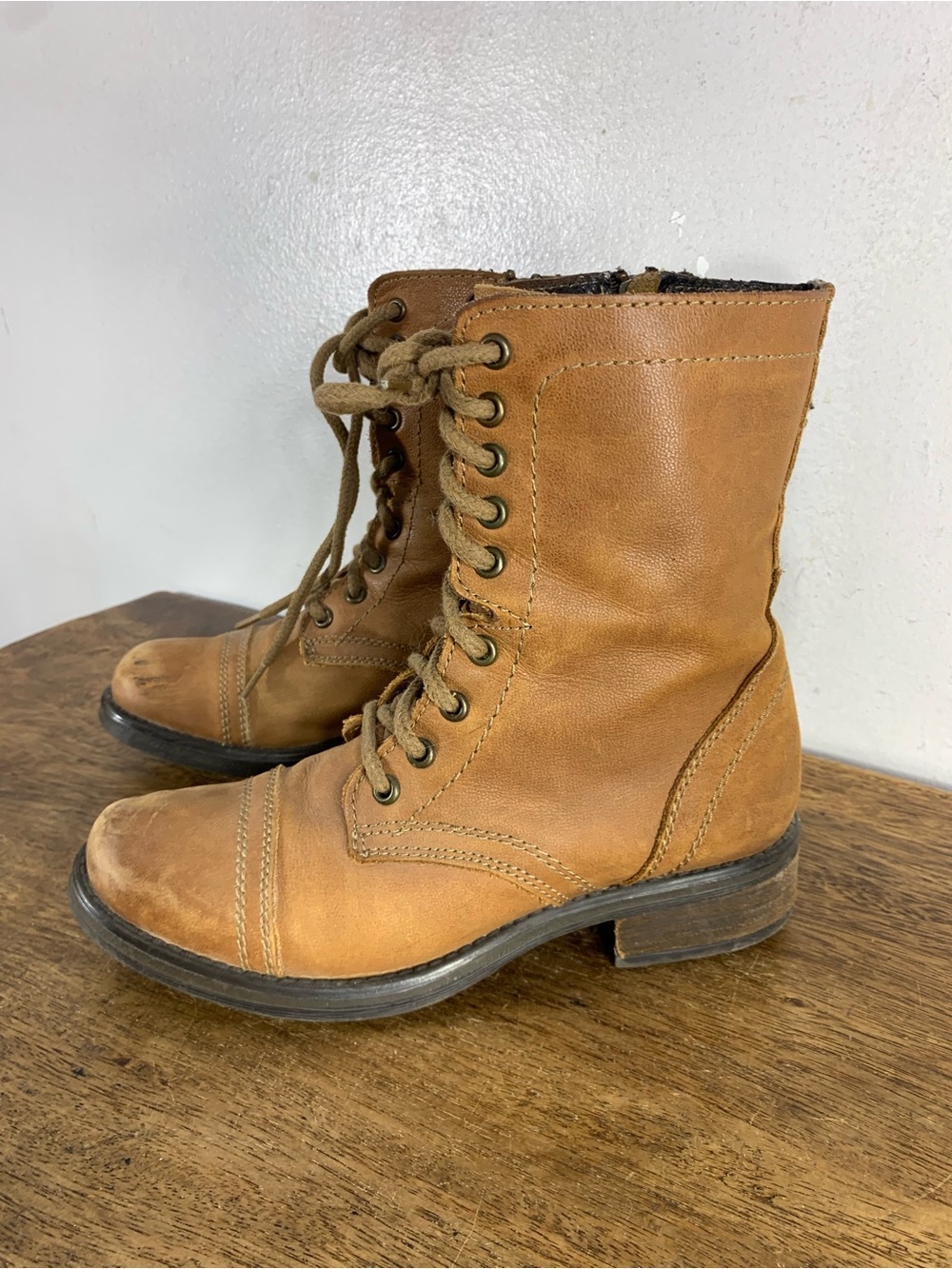 Steve Madden Troopa 2.0 Leather Combat Boots Brown Cognac lace up aide zip